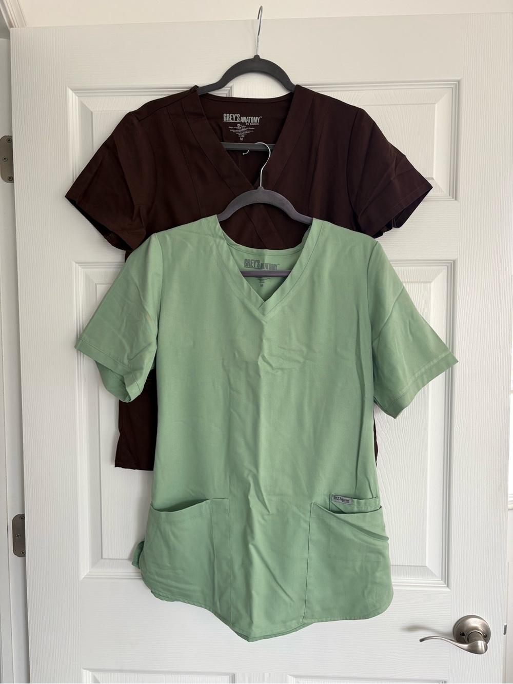 2 Grey's Anatomy V-Neck Scrub Top - Sage Green and Brown Medium. Like NEW